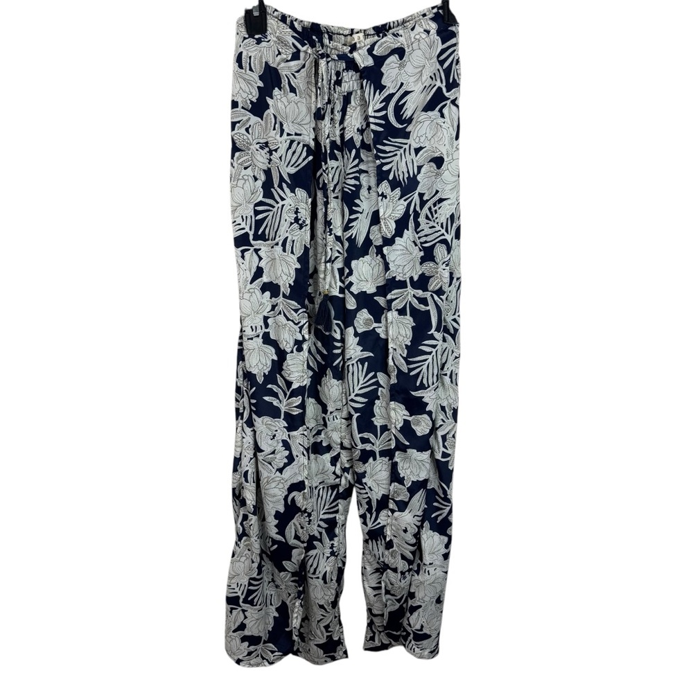 PAANI Palazzo Pants Tie Front Wrap Wide Leg Sz Small Blue Floral Silky Bohochic